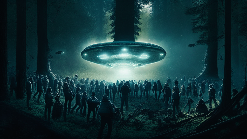 an alien spacecraft hovering above a group of people in a woodland clearing with its lights illuminating the people and the ground below