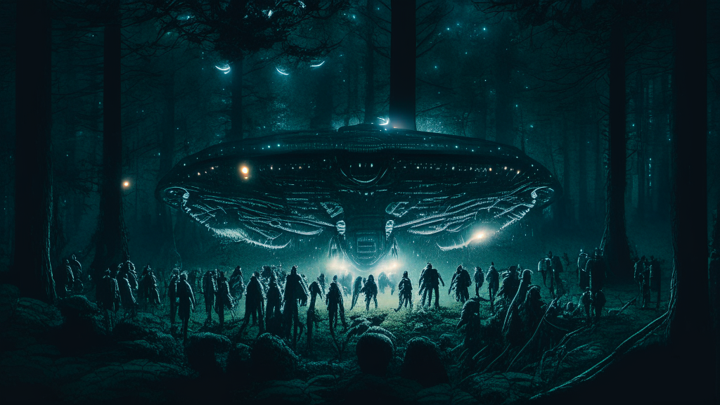 an alien spacecraft hovering above a group of people in a woodland clearing at night, intricate details, dark sci-fi fantasy style