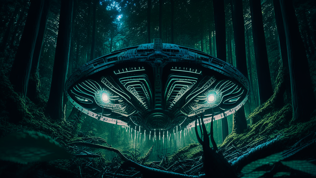 looking up at the underside of an alien spacecraft with hypnotic lights in a woodland clearing at night, intricate details, dark sci-fi fantasy style