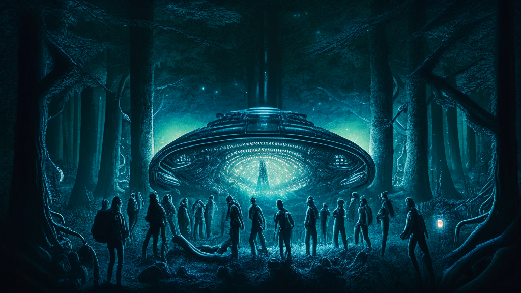 people being taken up into an alien spacecraft one by one as they are hypnotized by its bright lights in a woodland clearing at night, intricate details, dark sci-fi fantasy style