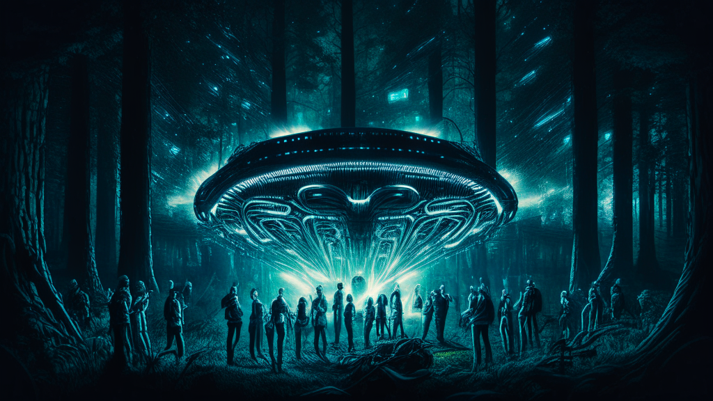 people being taken up into an alien spacecraft one by one as they are hypnotized by its bright lights in a woodland clearing at night, intricate details, dark sci-fi fantasy style