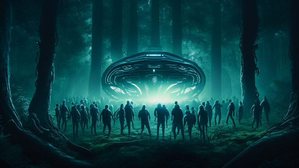 people being taken up into the alien spacecraft one by one, its bright alien lights hypnotising them, in the woodland clearing, 16.9 aspect ratio, 4K quality, intricate detail, dark sci-fi fantasy style