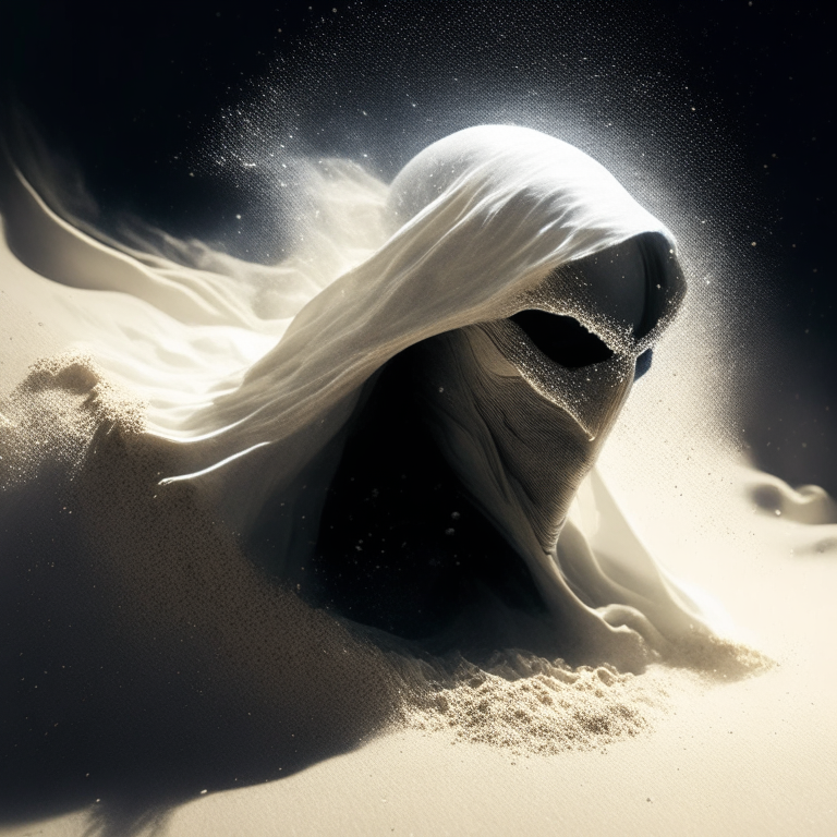 The Moon Knight dissolving into swirling sand, volumetric dust, cinematic lighting, close up portrait