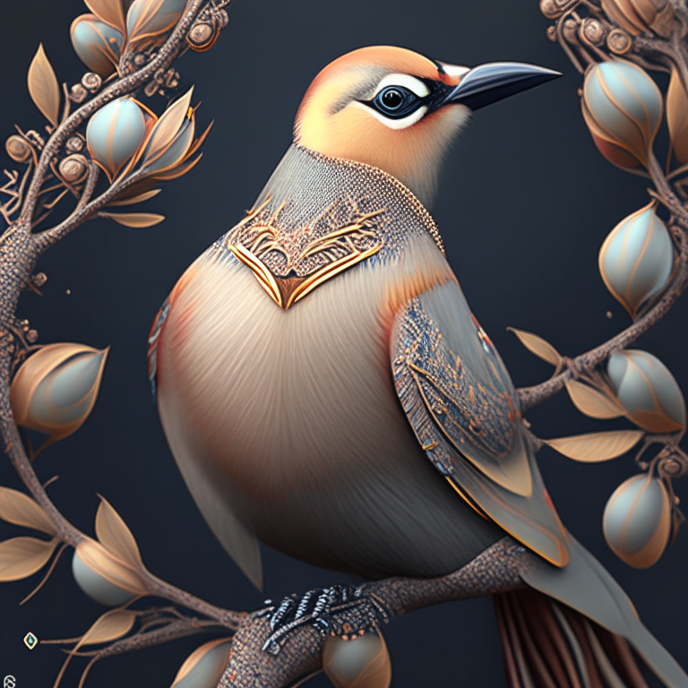 ethereal Bohemian Waxwing bird, Bombycilla garrulus, intricate details, ornate, detailed illustration, octane render