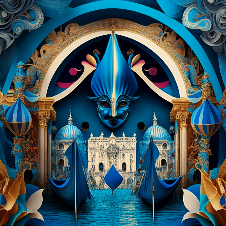 venice in a carnival picture 3, in the style of fantastical compositions, colorful, eye-catching compositions, symmetrical arrangements, navy and aquamarine