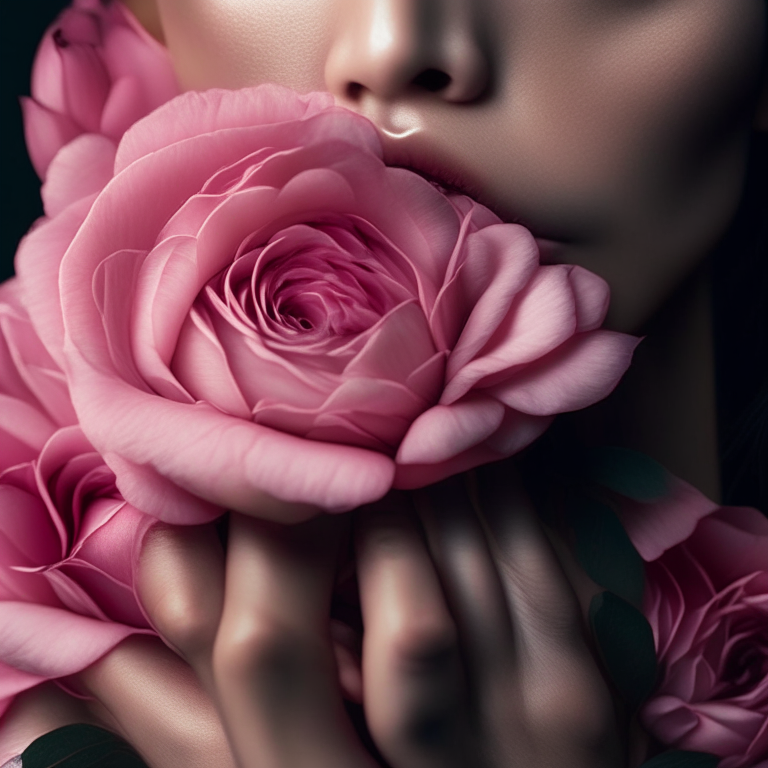 An incredibly detailed close up macro beauty photo of an Asian model, hands holding a bouquet of pink roses