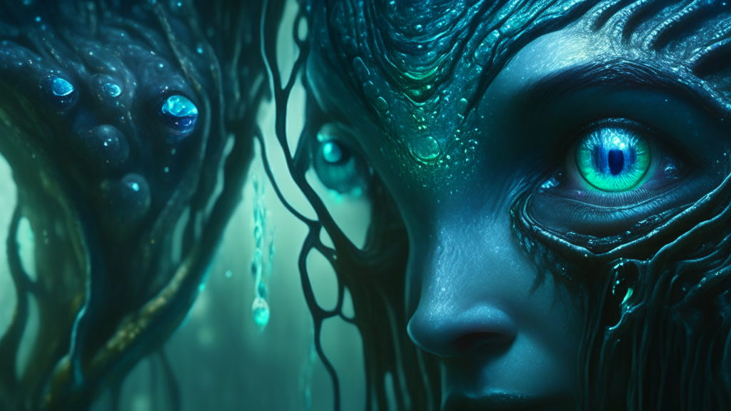 a beautiful alien Goddess looking into the eyes of an alien creature with tentacles dripping in clear slime, 16.9 aspect ratio, 4K quality, intricate detail, realistic, Dark sci-fi fantasy style