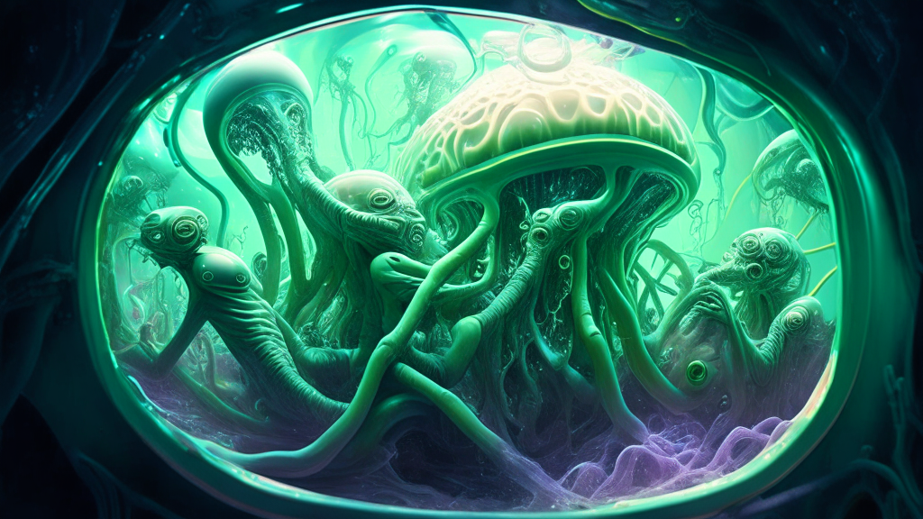humans inside an alien spaceship with alien creatures wrapping fleshy clear slime covered tentacles around them