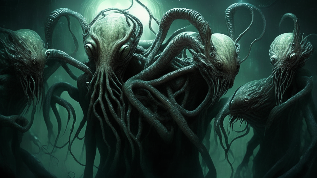 humans with alien creatures wrapping fleshy tentacles around them in a realistic dark sci-fi fantasy style