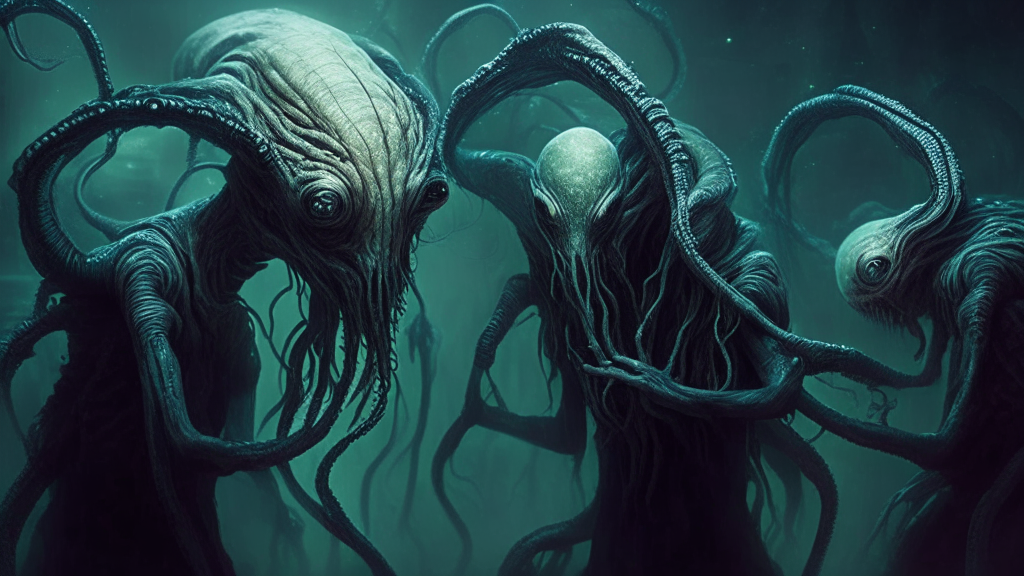 humans with alien creatures wrapping fleshy tentacles around them in a realistic dark sci-fi fantasy style
