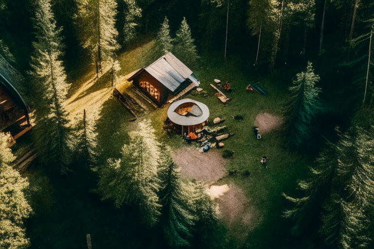 aerial view of a cabin in the woods surrounded by nature, family playing outside, spiritual