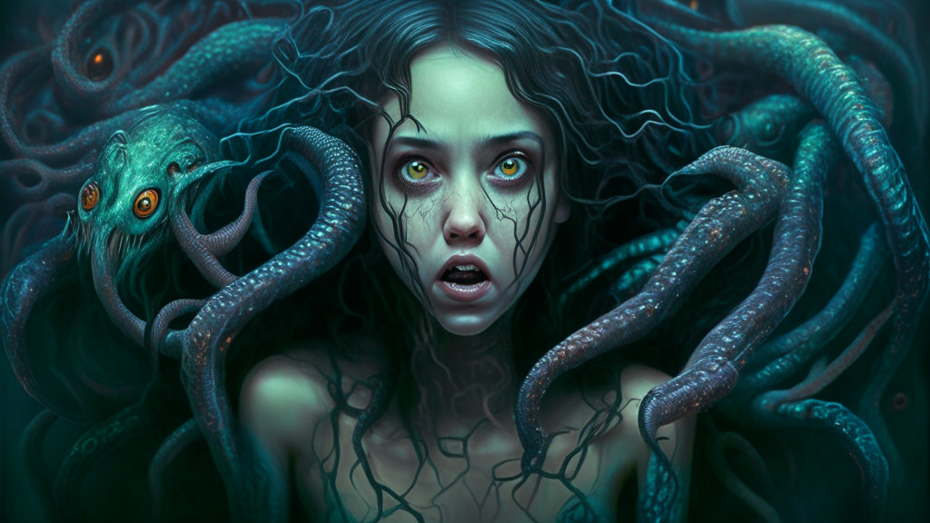 a beautiful young lady looking scared with alien creatures tentacles squeezing around her body