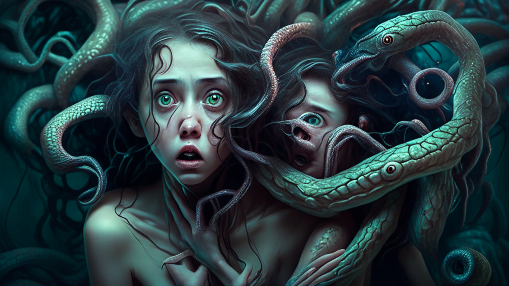 a beautiful young lady looking scared with alien creatures tentacles squeezing around her body
