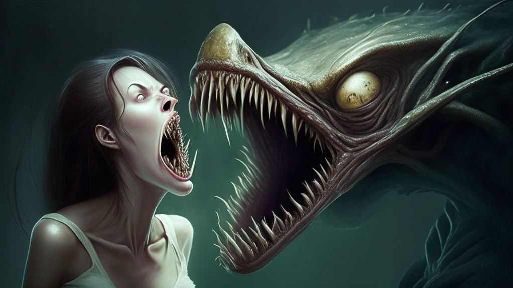 the sinister alien creature with its mouth open drooling over the beautiful young lady