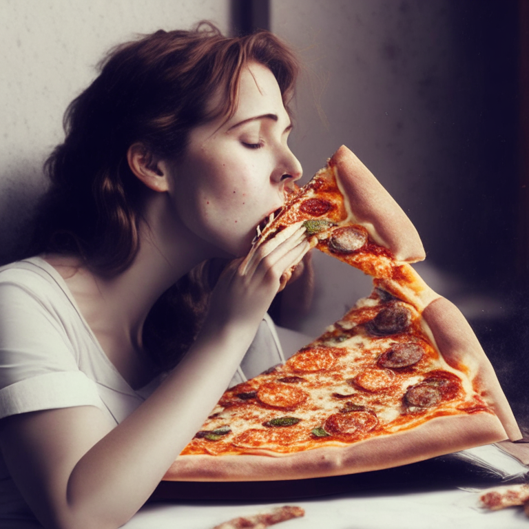 a women eating pizza
