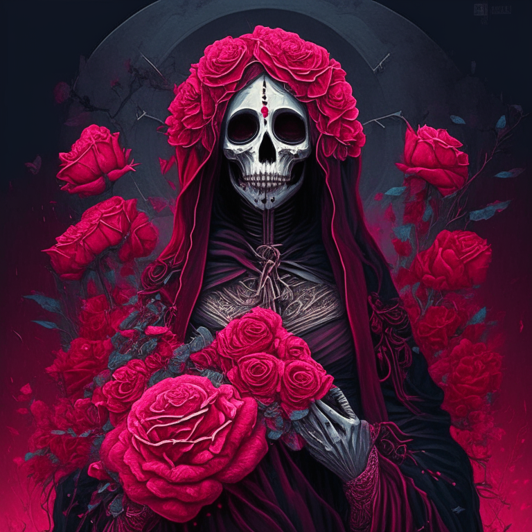 Santa Muerte Roja con los hilos del destino, al rededor muchas rosas rojas