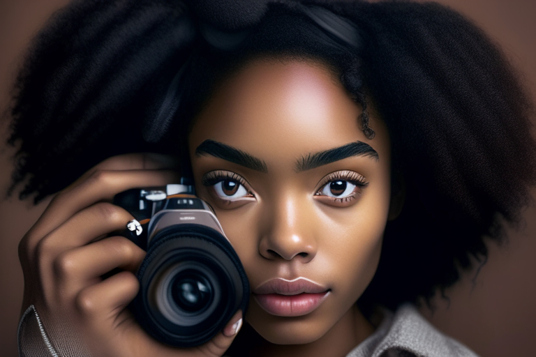 a beautiful mixed race black woman holding a camera
