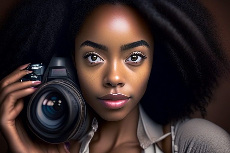 a beautiful mixed race black woman holding a camera