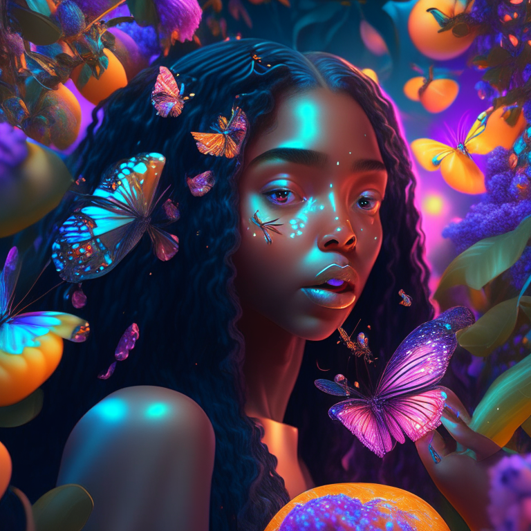 “Create a beautiful mixed race black girl with long hair eating fruit from a magical garden in an epic multiverse 8k neonpastel psychedelic futuristic butterflies oil glow style 4000 exquisite detail huge lighting masterpiece 3d masterpiece 8k octane rendering, ray tracing, mixer, hyper detail”