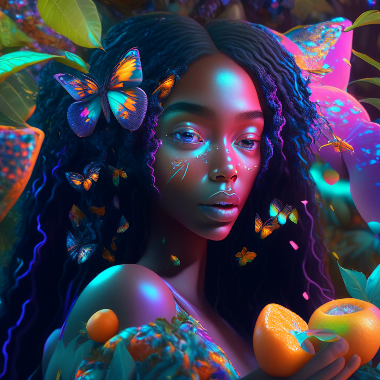 “Create a beautiful mixed race black girl with long hair eating fruit from a magical garden in an epic multiverse 8k neonpastel psychedelic futuristic butterflies oil glow style 4000 exquisite detail huge lighting masterpiece 3d masterpiece 8k octane rendering, ray tracing, mixer, hyper detail”