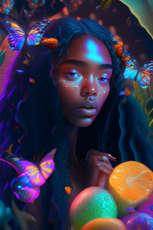 “Create a beautiful mixed race black girl with long hair eating fruit from a magical garden in an epic multiverse 8k neonpastel psychedelic futuristic butterflies oil glow style 4000 exquisite detail huge lighting masterpiece 3d masterpiece 8k octane rendering, ray tracing, mixer, hyper detail”