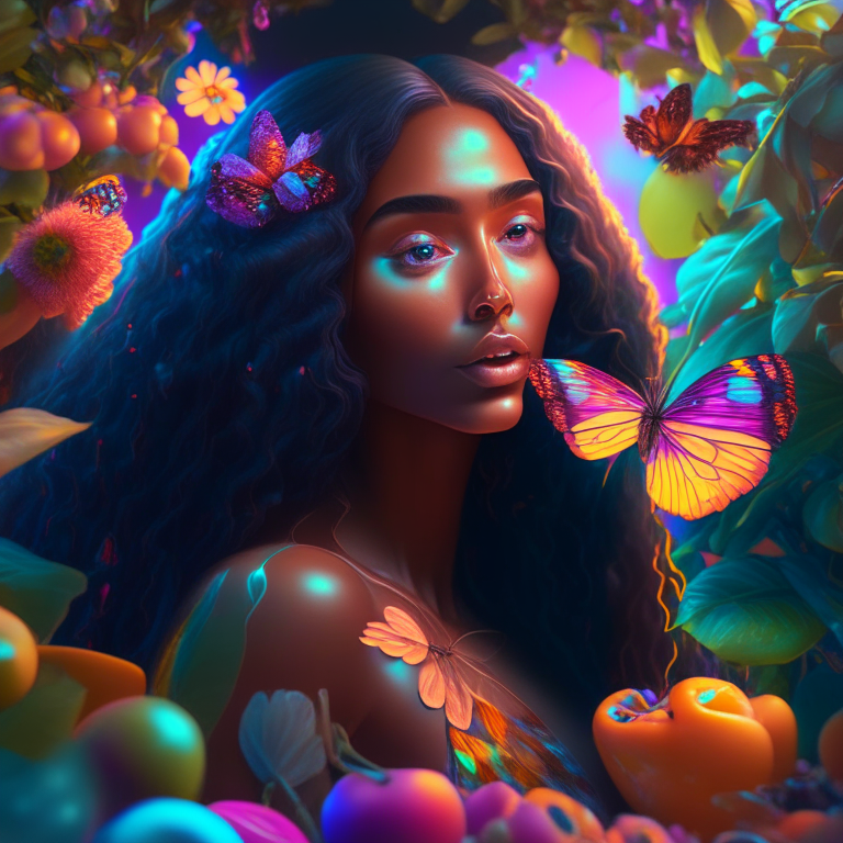 “Create a beautiful mixed race brown woman with long hair eating fruit from a garden in an epic multiverse 8k neon pastel psychedelic  butterflies oil glow style 4000 exquisite detail huge lighting masterpiece 3d masterpiece 8k octane rendering, ray tracing, mixer, hyper detail”