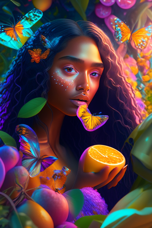 “Create a beautiful mixed race brown woman with long hair eating fruit from a garden in an epic multiverse 8k neon pastel psychedelic  butterflies oil glow style 4000 exquisite detail huge lighting masterpiece 3d masterpiece 8k octane rendering, ray tracing, mixer, hyper detail”