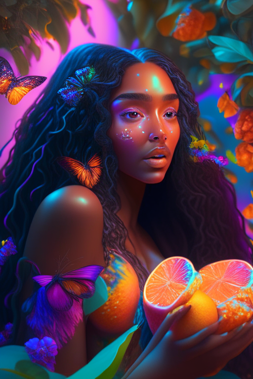 “Create a beautiful mixed race brown woman with long hair eating fruit from a garden in an epic multiverse 8k neon pastel psychedelic  butterflies oil glow style 4000 exquisite detail huge lighting masterpiece 3d masterpiece 8k octane rendering, ray tracing, mixer, hyper detail”