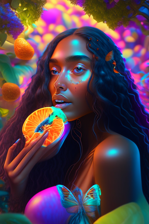 “Create a beautiful mixed race brown woman with long hair eating fruit from a garden in an epic multiverse 8k neon pastel psychedelic  butterflies oil glow style 4000 exquisite detail huge lighting masterpiece 3d masterpiece 8k octane rendering, ray tracing, mixer, hyper detail”