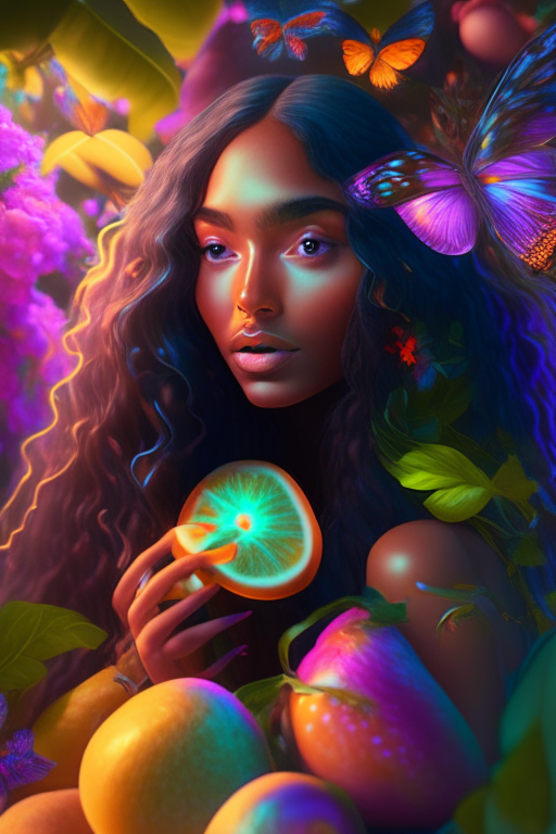 “Create a beautiful mixed race brown woman with long hair eating fruit from a garden in an epic multiverse 8k neon pastel psychedelic  butterflies oil glow style 4000 exquisite detail huge lighting masterpiece 3d masterpiece 8k octane rendering, ray tracing, mixer, hyper detail”
