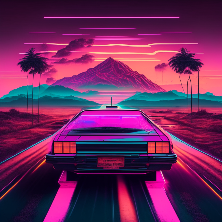 70s car driving down a digital landscape, retrowave, synthwave, 8k”