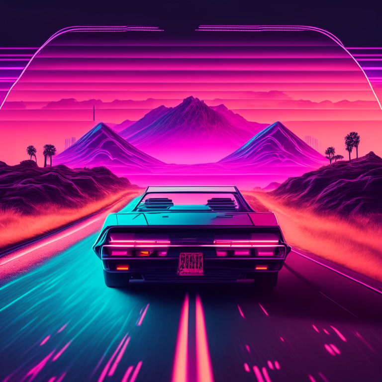 70s car driving down a digital landscape, retrowave, synthwave, 8k”