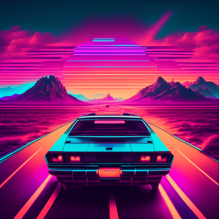 70s car driving down a digital landscape, retrowave, synthwave, 8k”