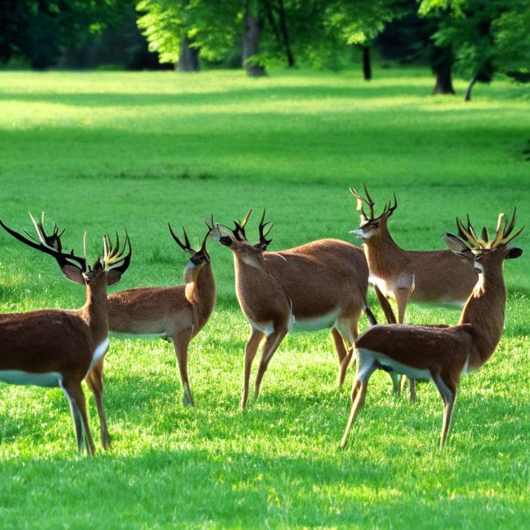 A collection of deers eating green grass in the morning