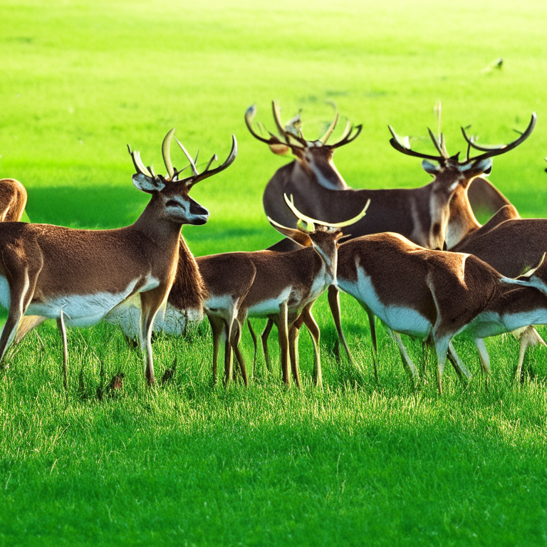 A collection of deers eating green grass in the morning