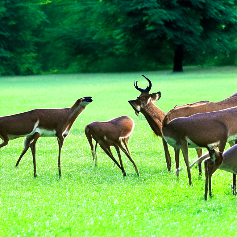 A collection of deers eating green grass in the morning