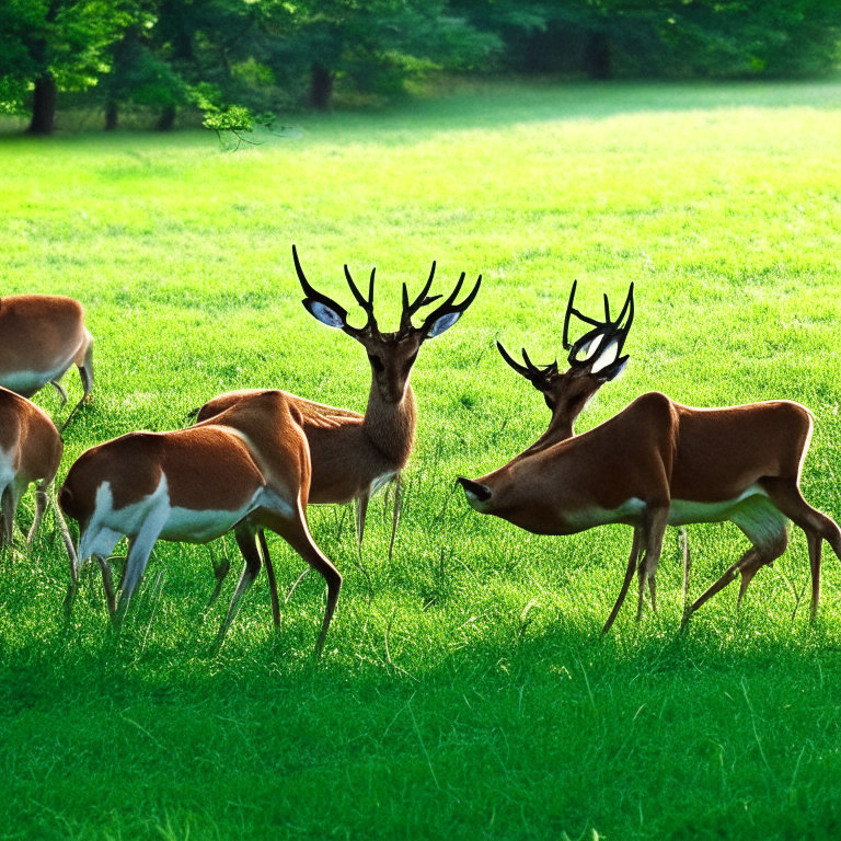 A collection of deers eating green grass in the morning