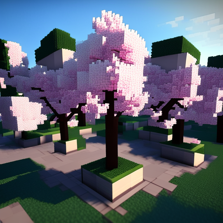 Square cherry blossom trees in a Minecraft-like style, photorealistic