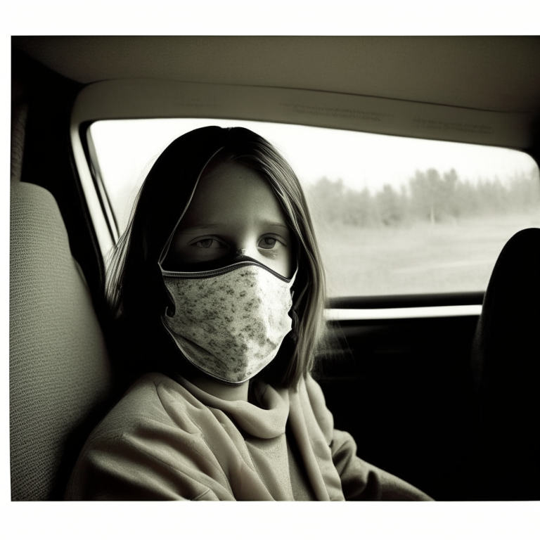 Margaret Ellen 12 year old, sit in the back seat in a car, look at the camera, 1 masked man 