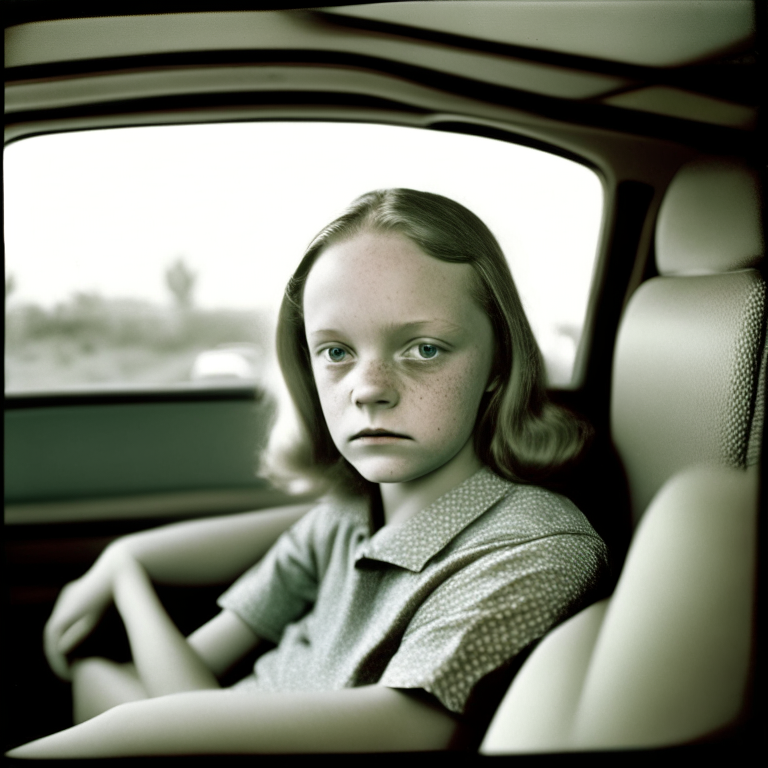 Margaret Ellen 12 year old, sit in the back seat in a car sitting, look at the camera