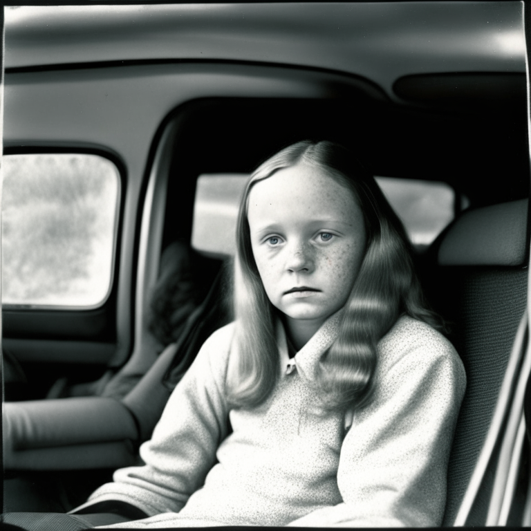 Margaret Ellen 12 year old, sit in the back seat in a car sitting, look at the camera