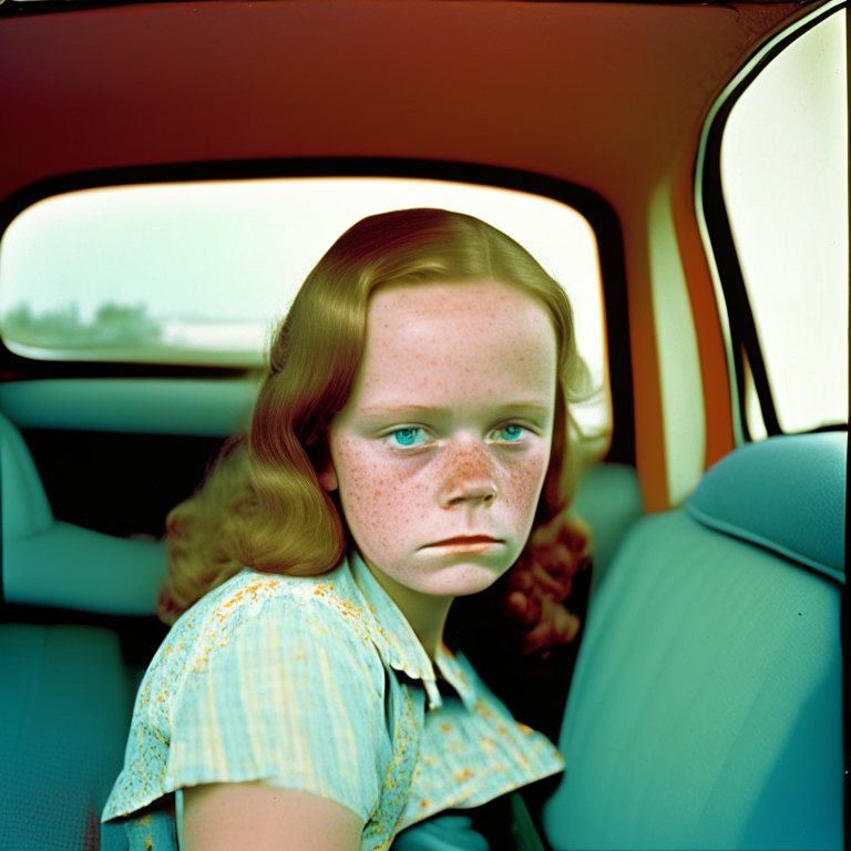 Margaret Ellen 12 year old, sit in the back seat in a car sitting, look at the camera, full color
