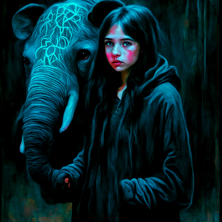 Cute girl, glowing eyes, dreamlike, holding neon elephant. dress in all black laced hoody. smoke backgroind, filigree, ethereal, Miho Hirano, Neimy Kanani, oil on canvas by Aykut Aydoğdu, oil painting, heavy strokes, paint dripping

