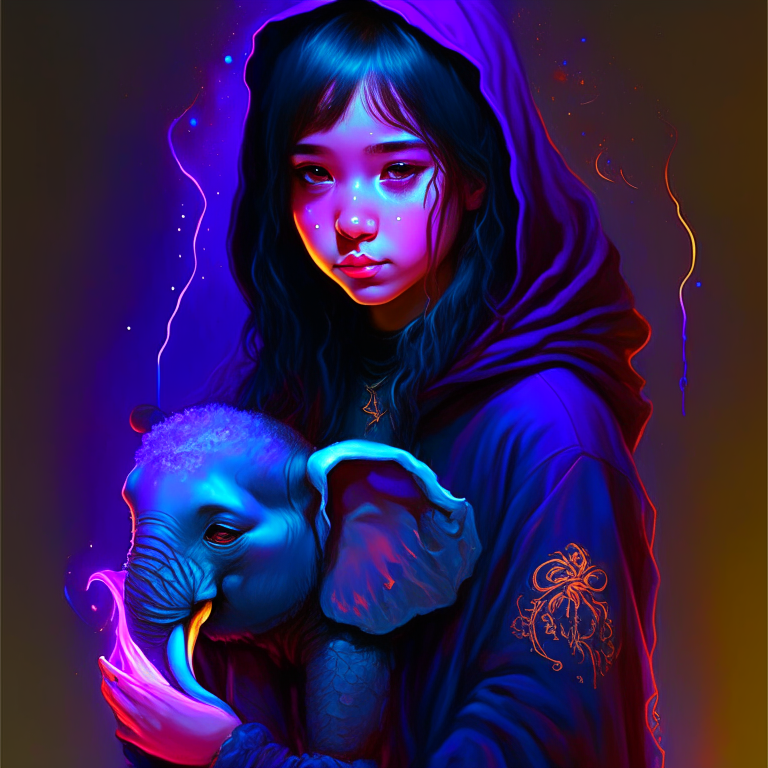 Cute girl, glowing eyes, dreamlike, holding neon elephant. dress in all black laced hoody. smoke backgroind, filigree, ethereal, Miho Hirano, Neimy Kanani, oil on canvas by Aykut Aydoğdu, oil painting, heavy strokes, paint dripping. concept art, lavender