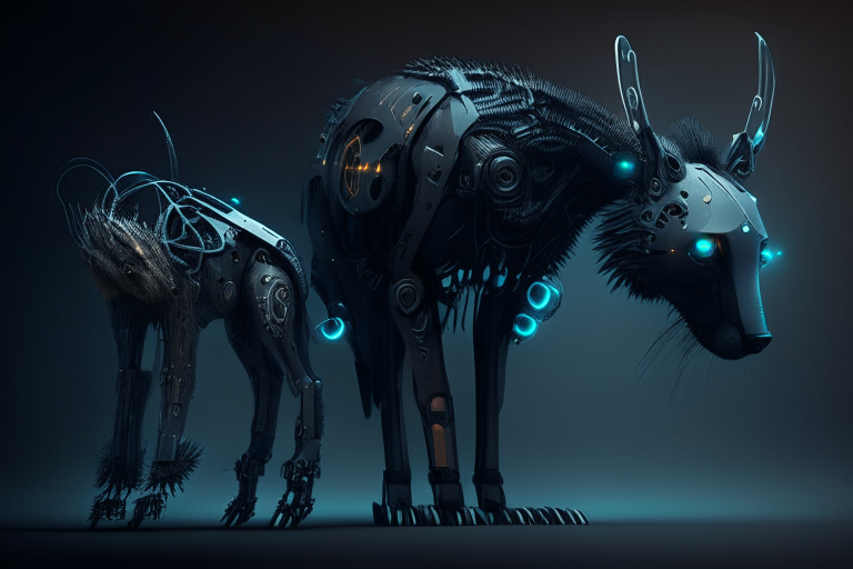 Futuristic animals with robotic parts dark moody background