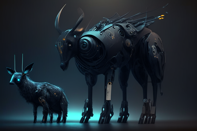 Futuristic animals with robotic parts dark moody background