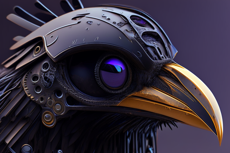 Futuristic crow head with robotic parts closeup