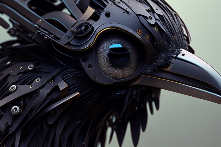 Futuristic crow head with robotic parts closeup