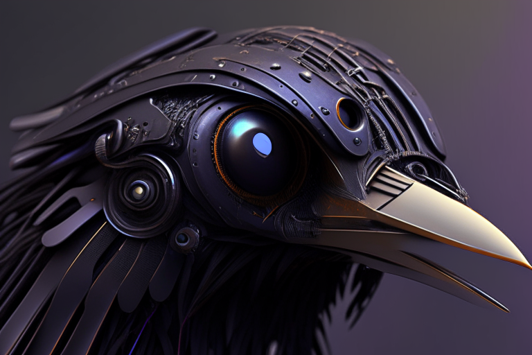 Futuristic crow head with robotic parts closeup