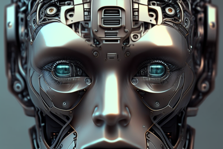 Futuristic human head with robotic parts closeup